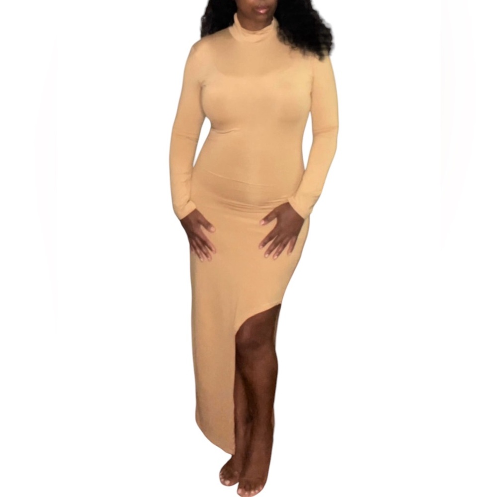 Khaki Maxi Dress with Mock Neck and Side Split Size M
